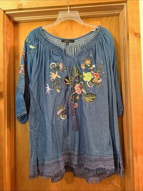 Cubavera Indigo Embroidered Boho Tunic with Tassel Tie